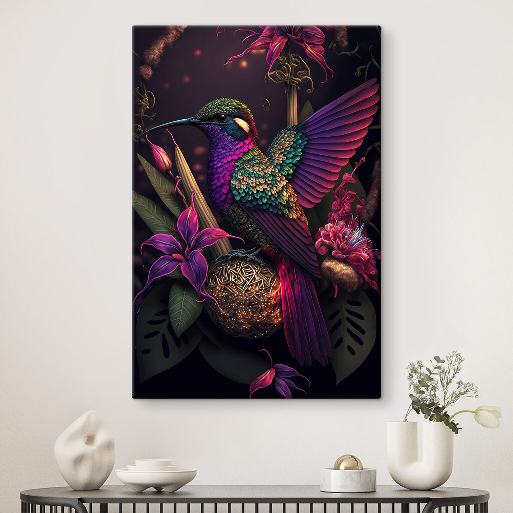 Colibri entre flores escuras — interior 4