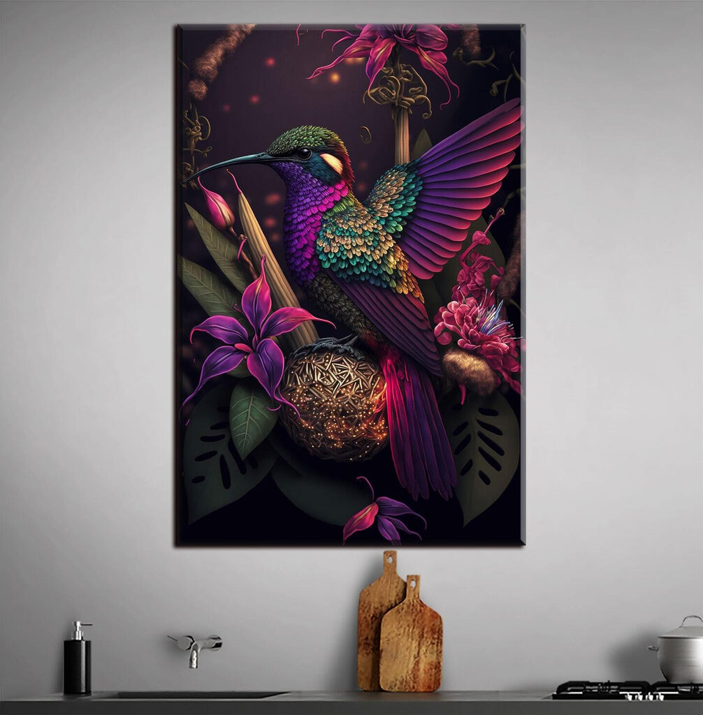 Colibri entre flores escuras — interior 2