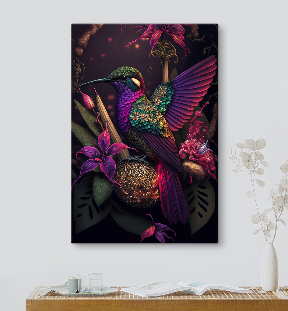 Colibri entre flores escuras — interior 5
