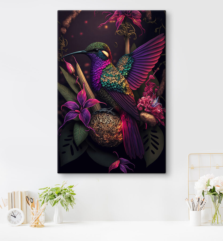 Colibri entre flores escuras — interior 6