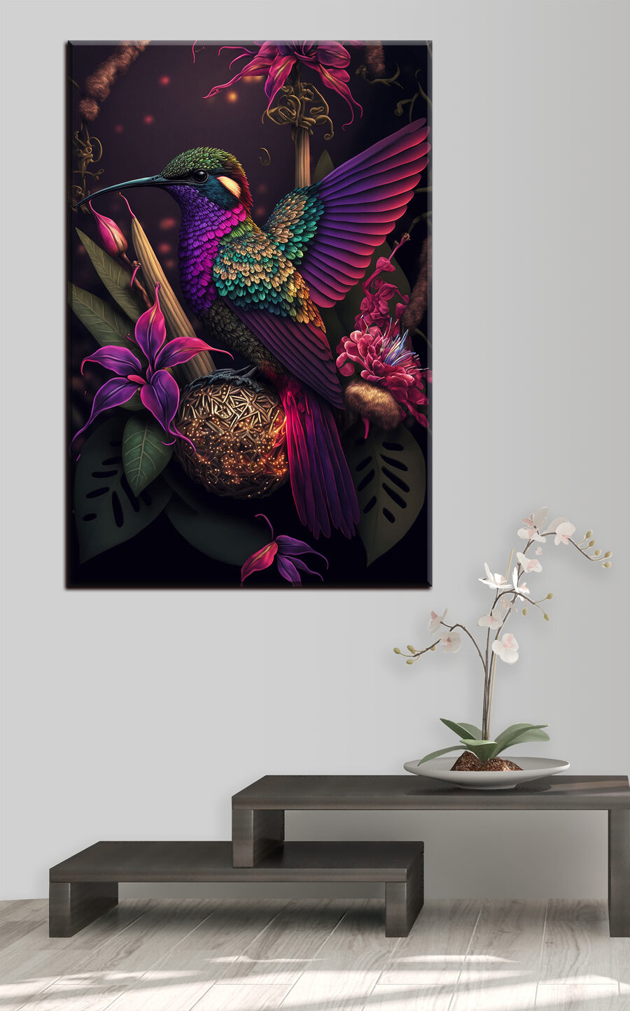 Colibri entre flores escuras — interior 3