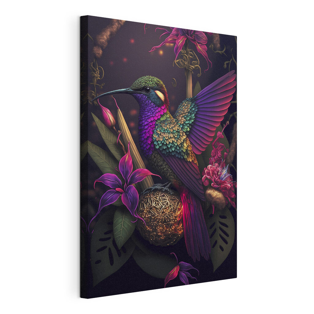 Colibri entre flores escuras, tela esticada e borda contínua