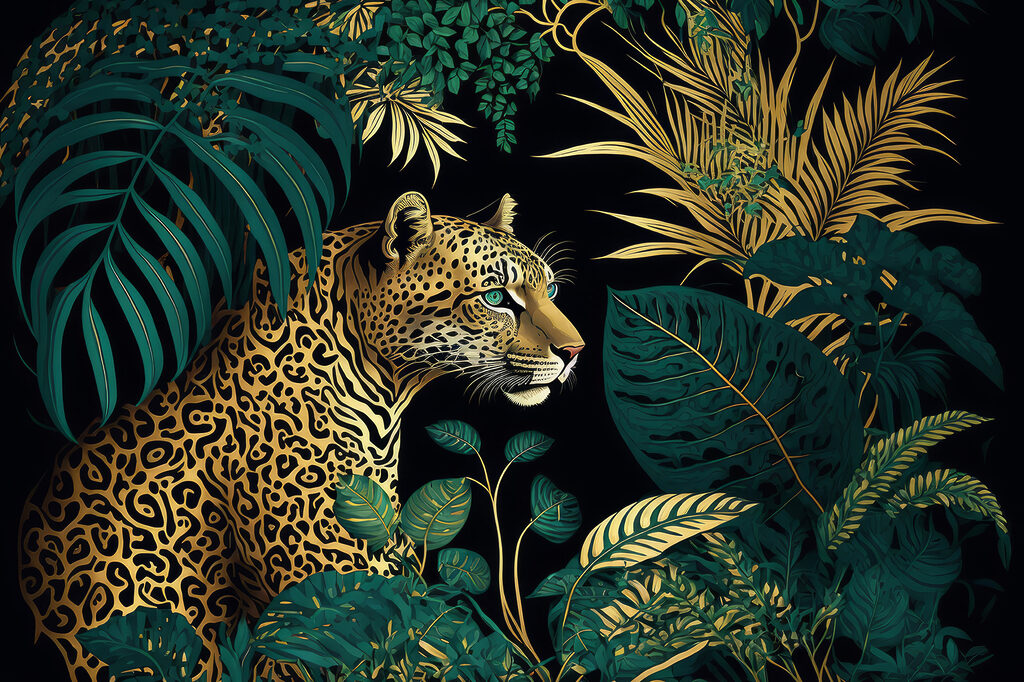 Leopardo entre folhas douradas — design completo