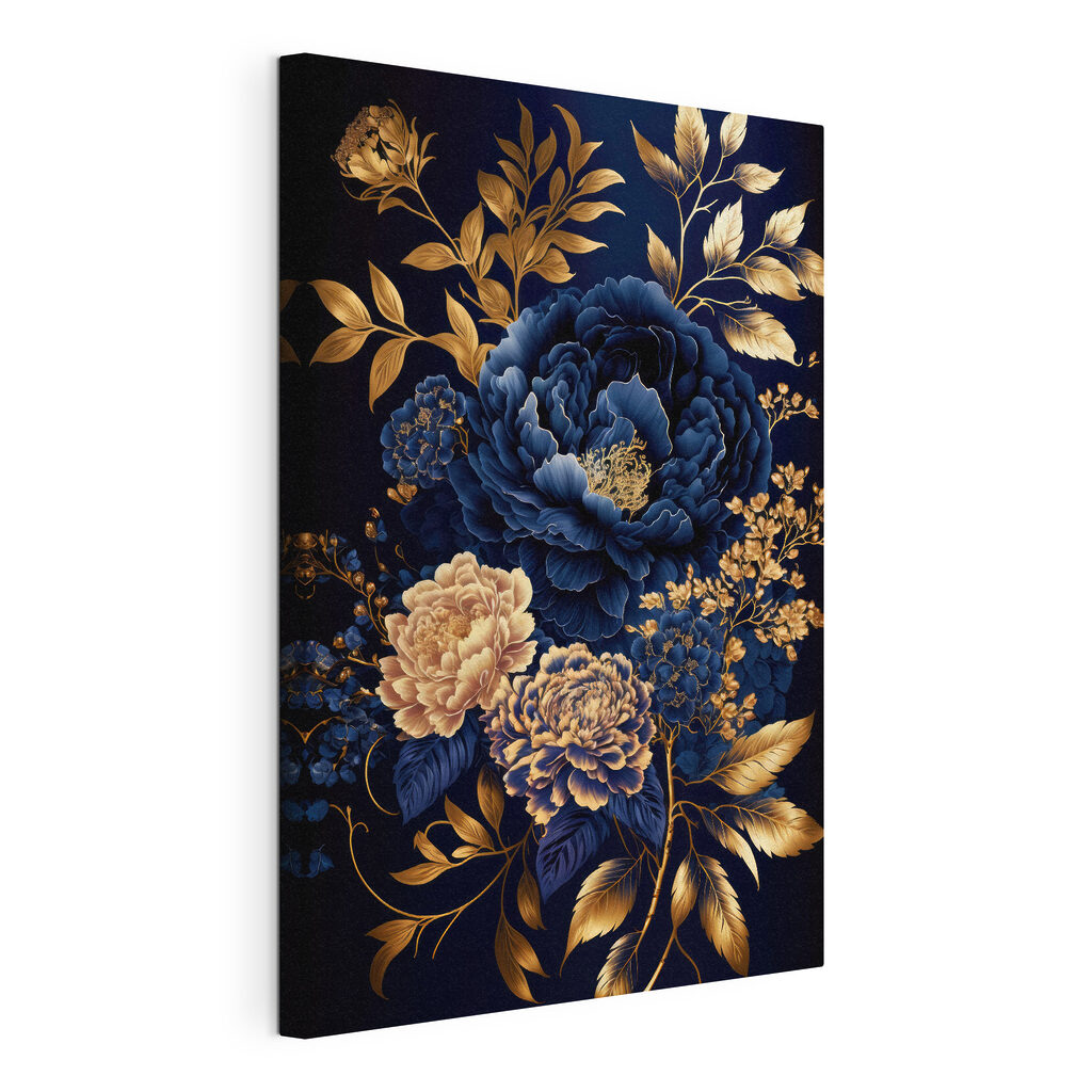 Flores azul-real, tela esticada e borda contínua
