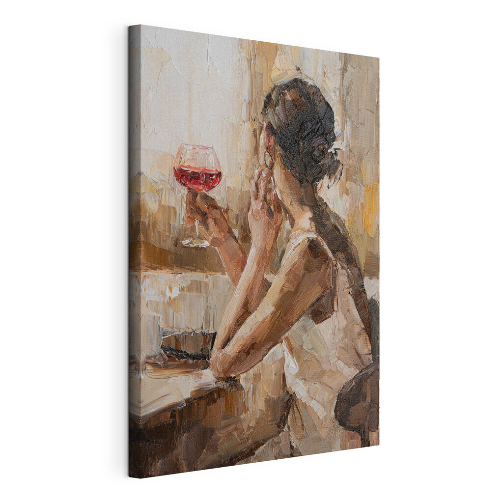 Mulher com vinho tinto, tela esticada e borda contínua
