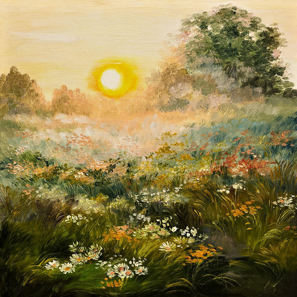 Entardecer sobre flores — design completo