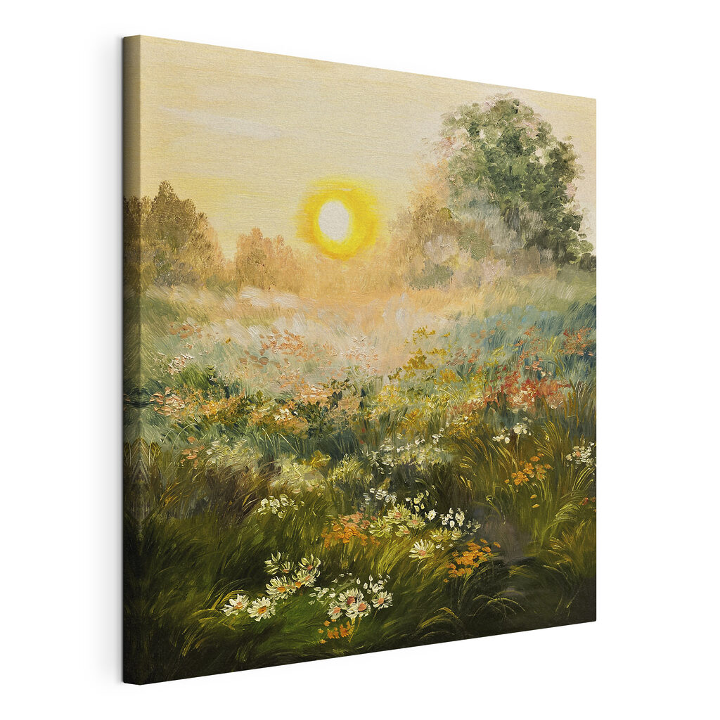 Entardecer sobre flores, tela esticada e borda contínua