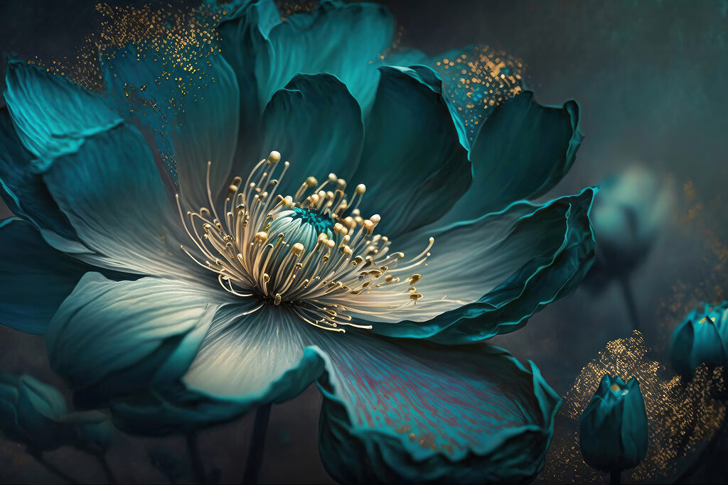 Flor turquesa de perto — design completo