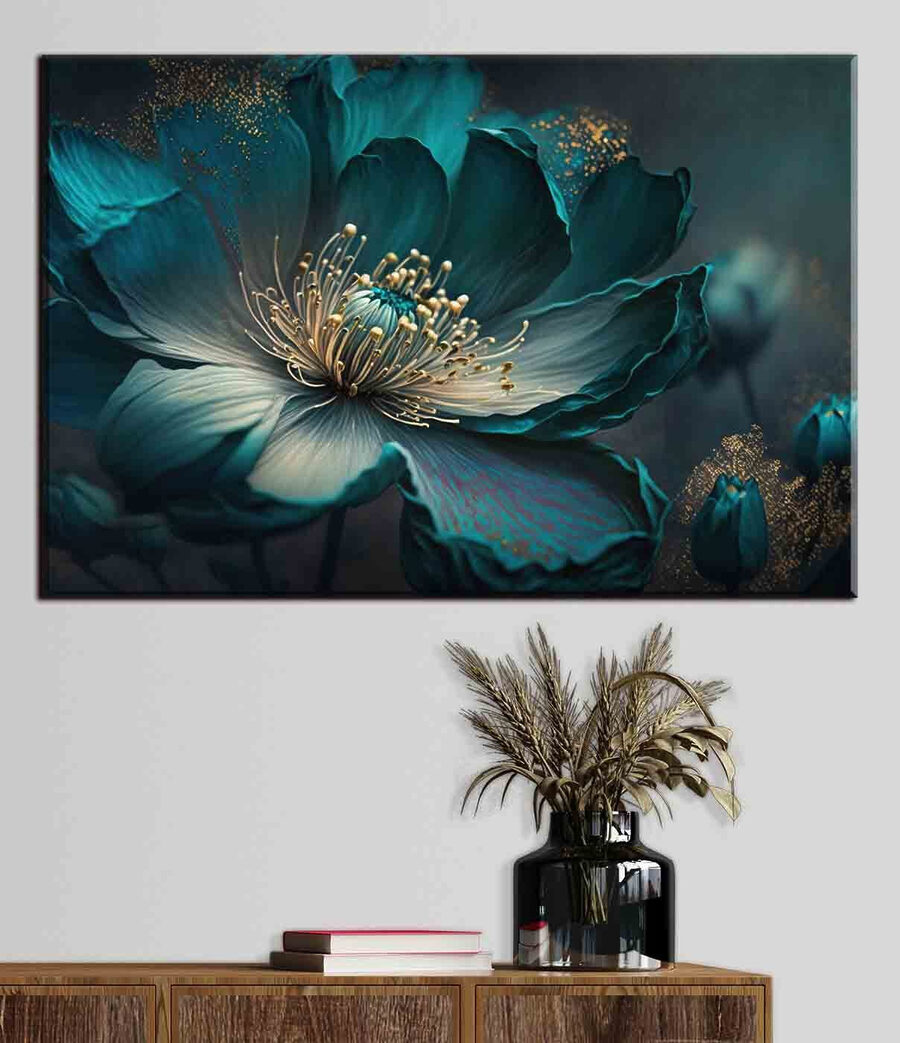 Flor turquesa de perto — interior 2