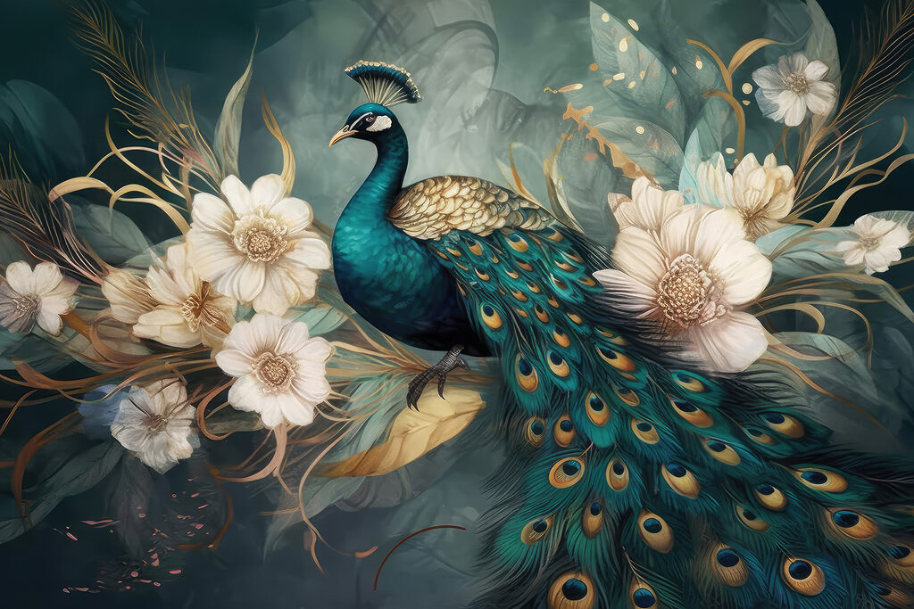 Pavão entre flores brancas — design completo