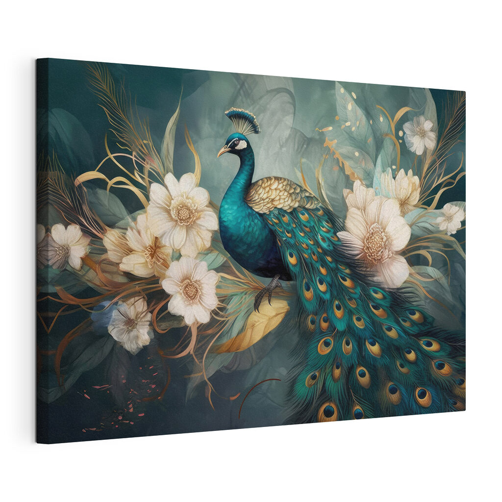 Pavão entre flores brancas, tela esticada e borda contínua