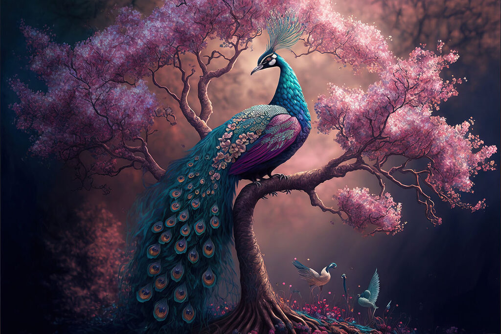 Pavão entre árvores cor-de-rosa — design completo