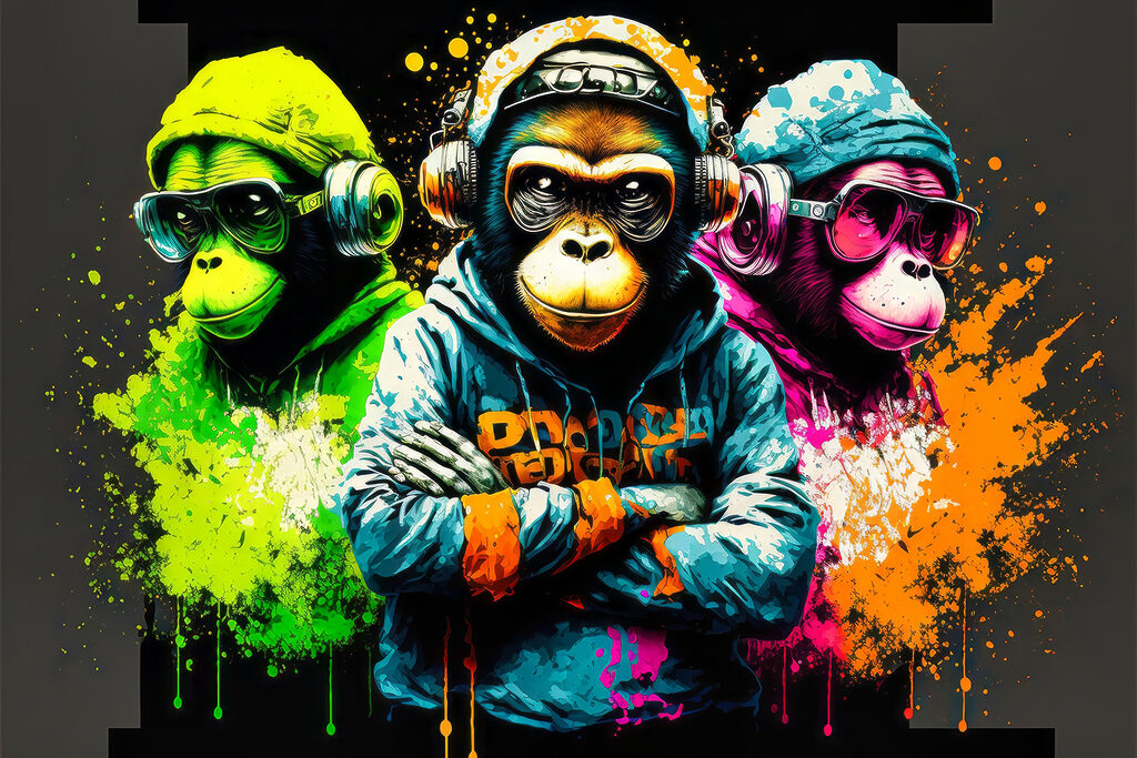 Três macacos com auscultadores — design completo