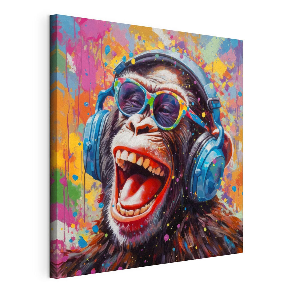 Macaco a rir, tela esticada e borda contínua