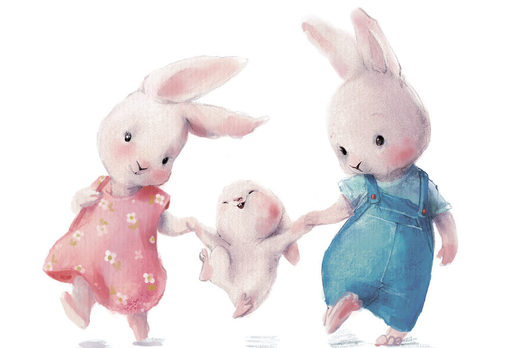 Coelhos de mãos dadas — design completo