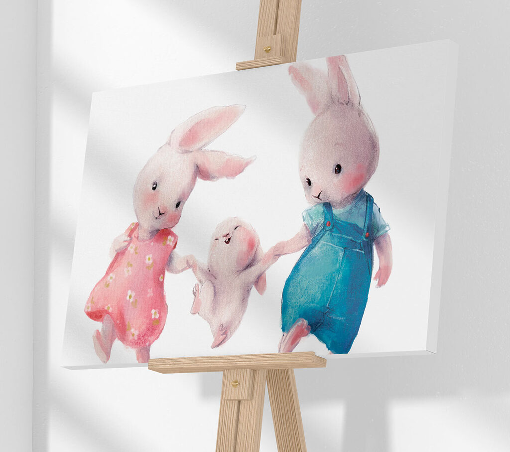 Coelhos de mãos dadas num interior