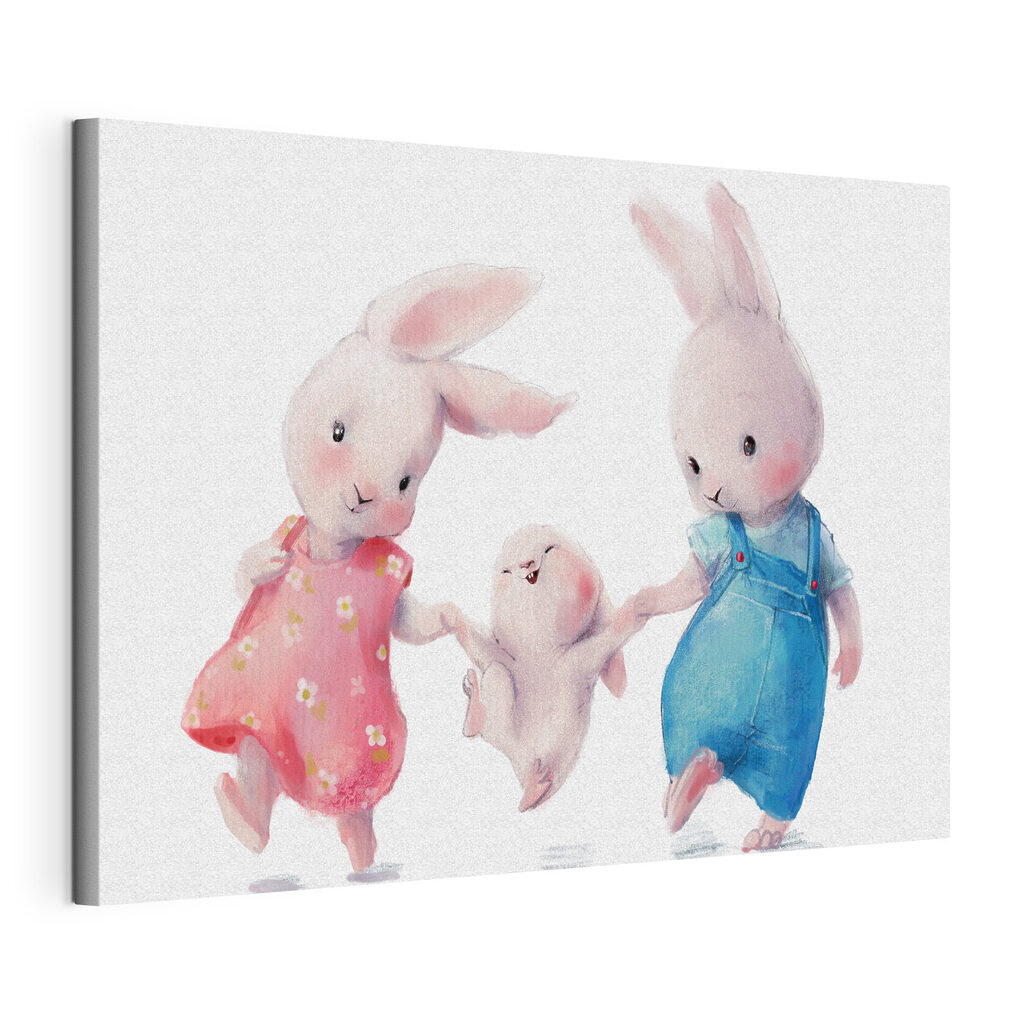 Coelhos de mãos dadas, tela esticada e borda contínua