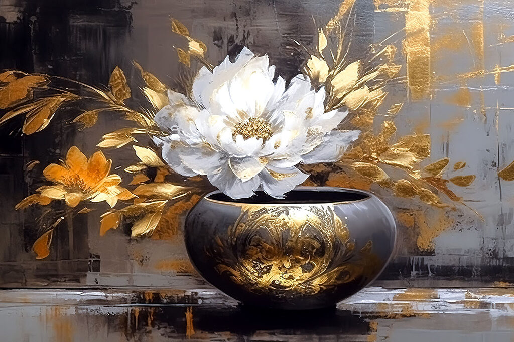 Flor branca, vaso dourado — design completo