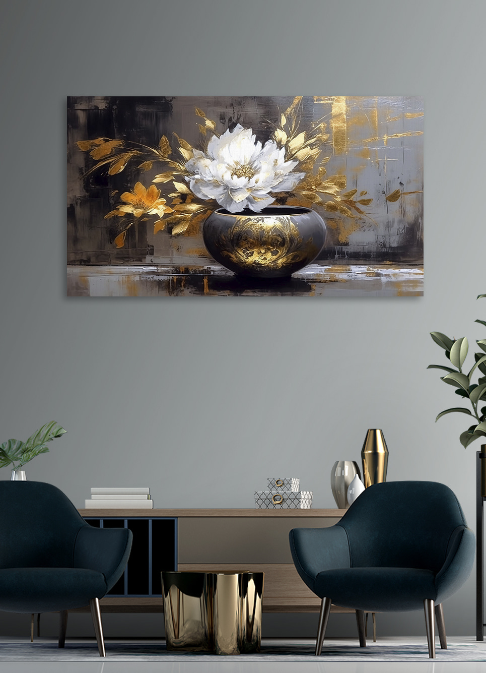 Flor branca, vaso dourado — interior 2