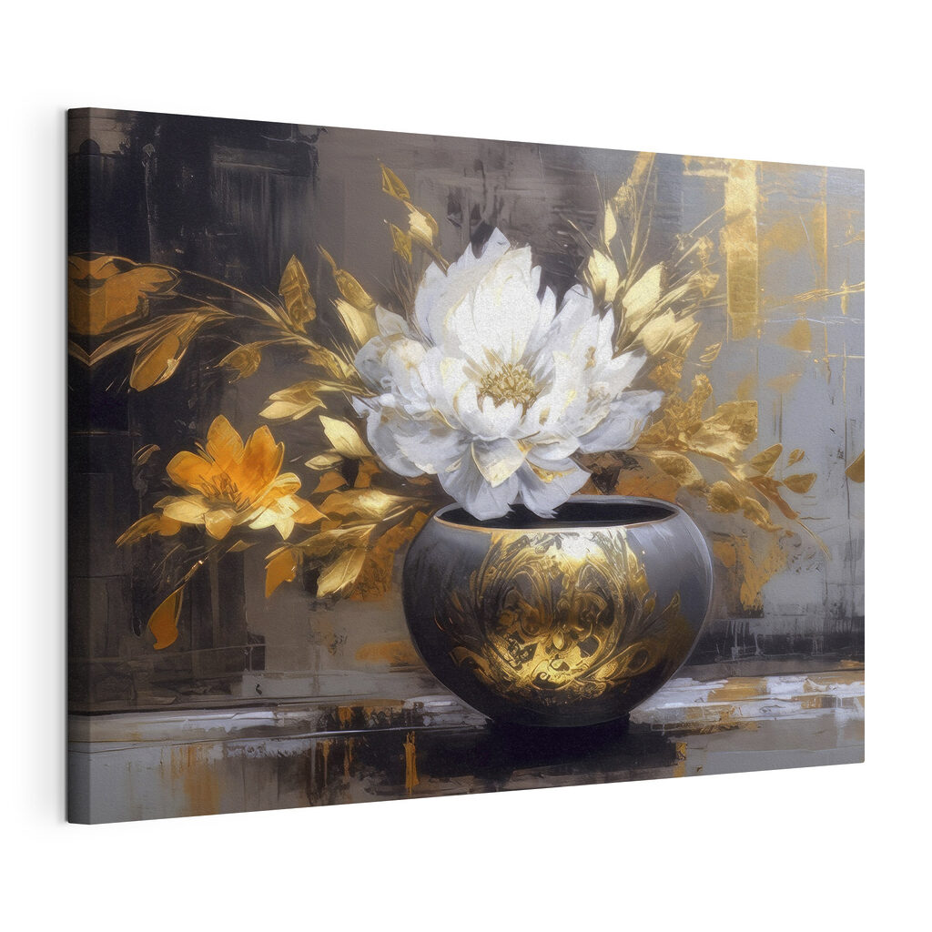 Flor branca, vaso dourado, tela esticada e borda contínua