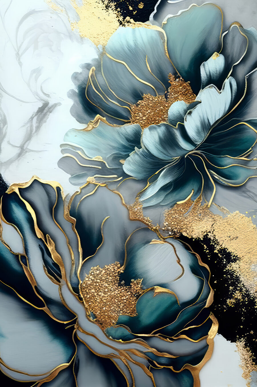 Flores azuis, margens douradas — design completo