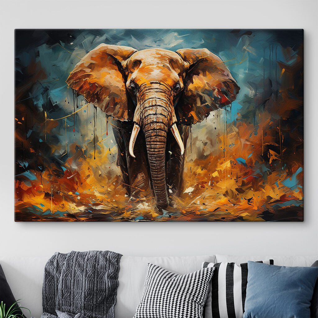 Elefante em tinta laranja num interior