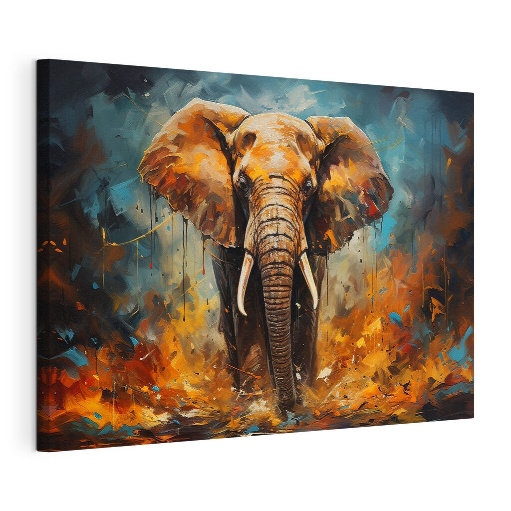 Elefante em tinta laranja, tela esticada e borda contínua