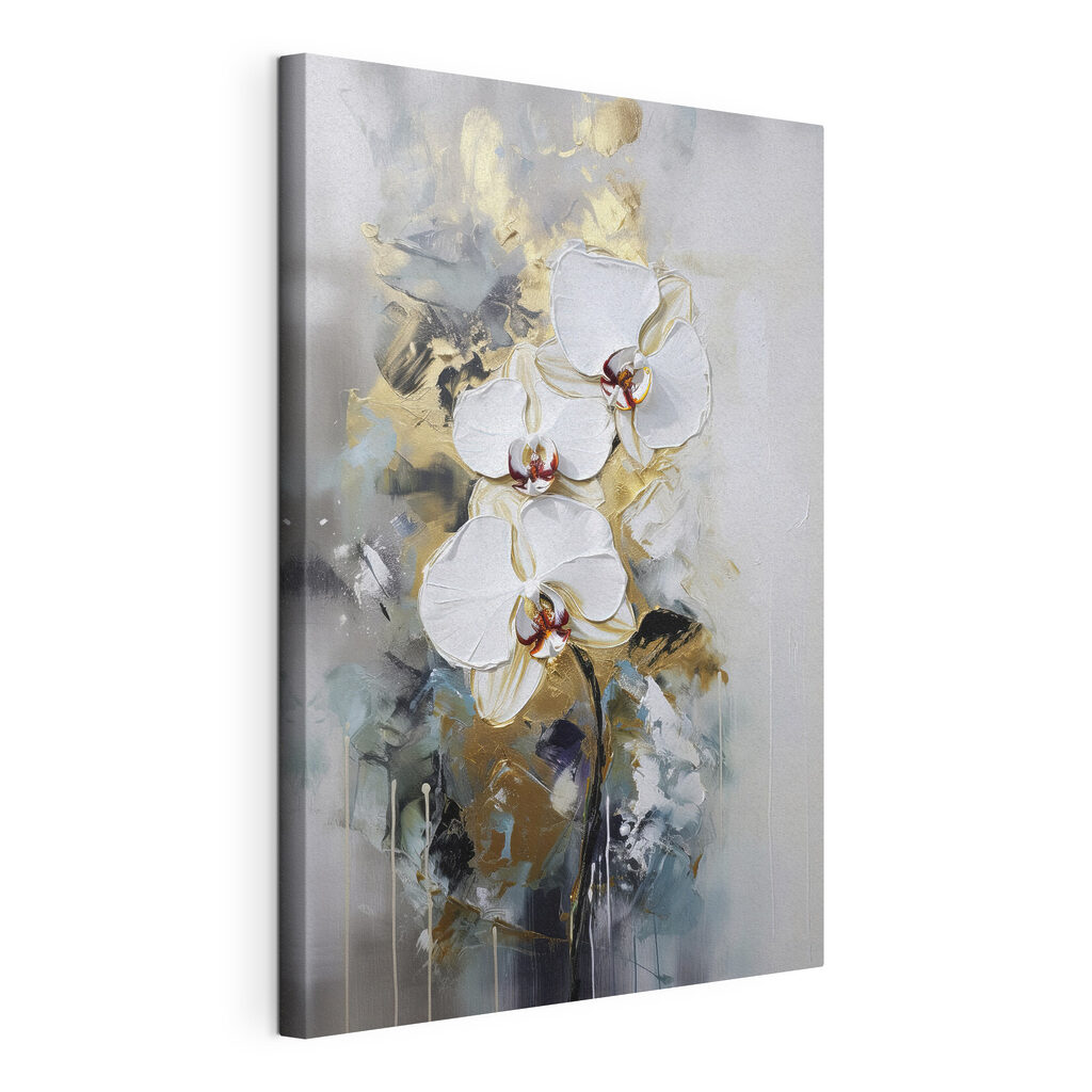 Orquídeas entre traços cinzentos, tela esticada e borda contínua