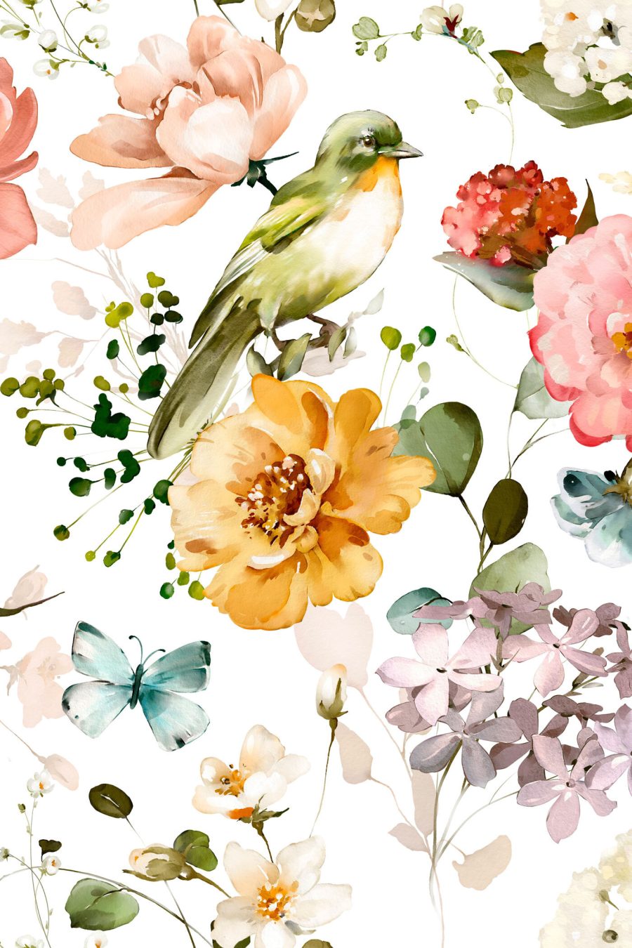 Pássaro entre flores claras — design completo