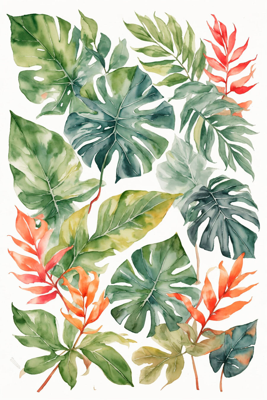 Ramos tropicais sobre branco — design completo