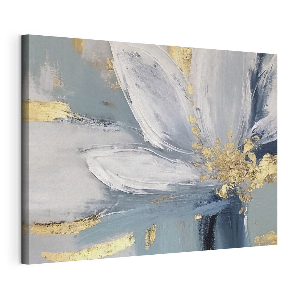 Flor branca com ouro, tela esticada e borda contínua