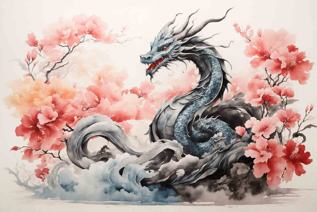 Dragão entre flores cor-de-rosa — design completo