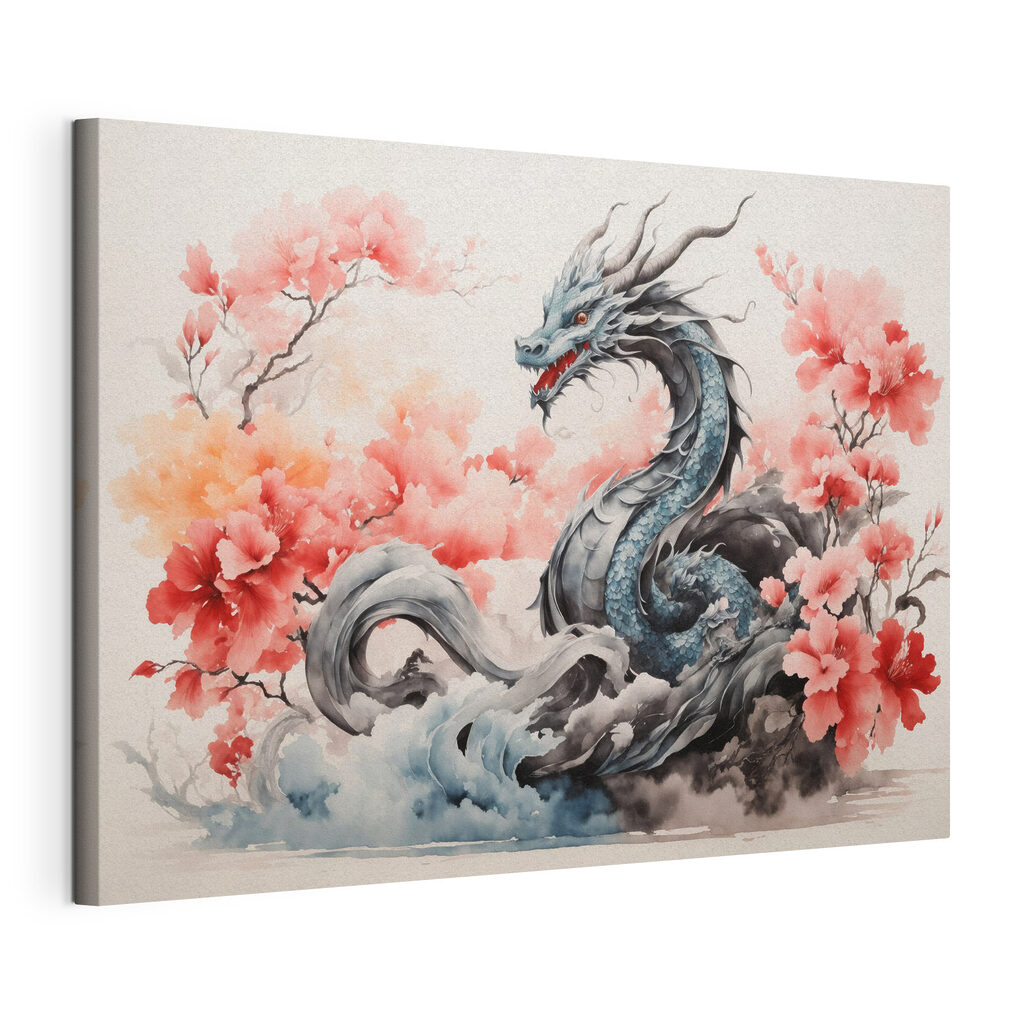 Dragão entre flores cor-de-rosa, tela esticada e borda contínua