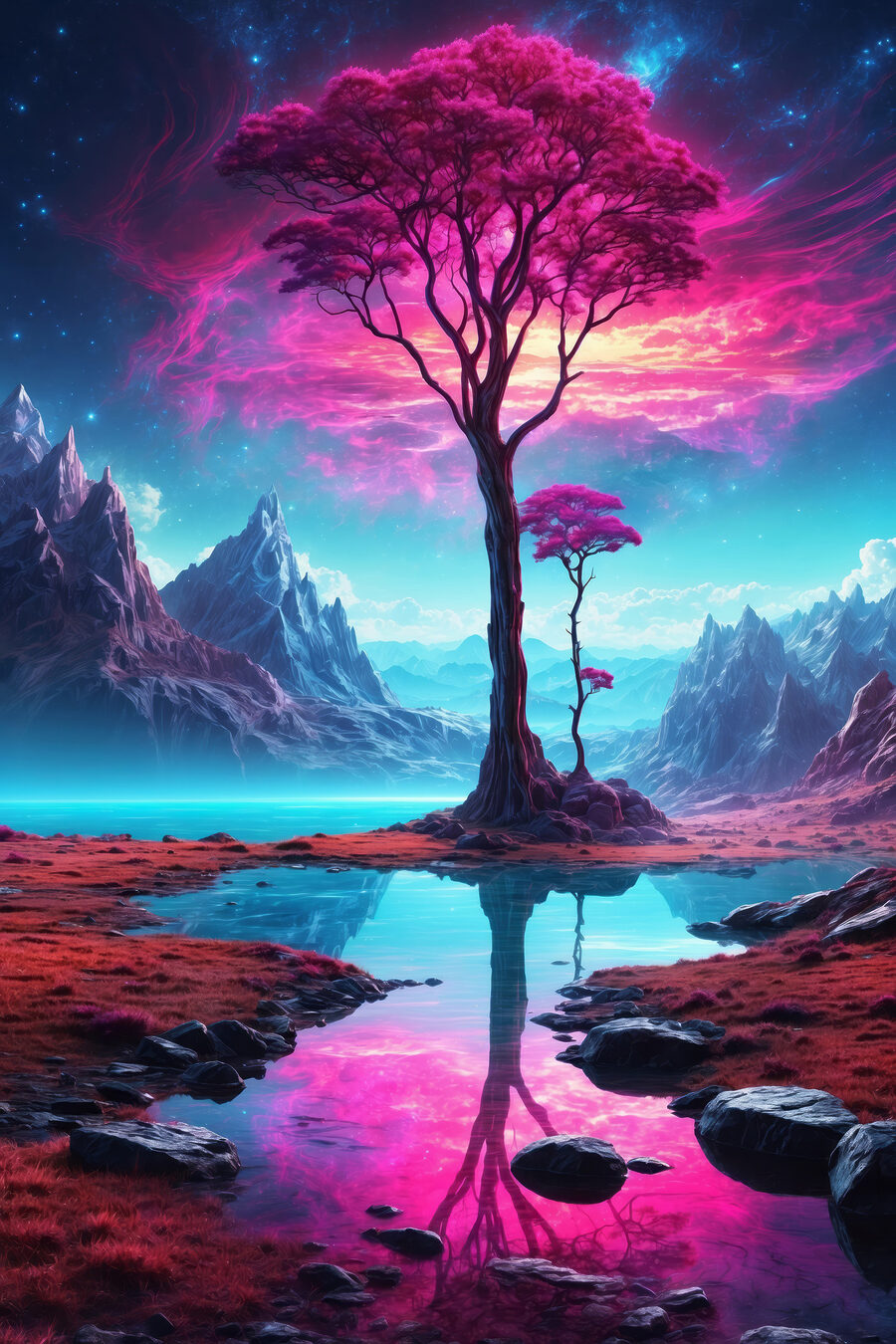 Árvore cor-de-rosa na água — design completo