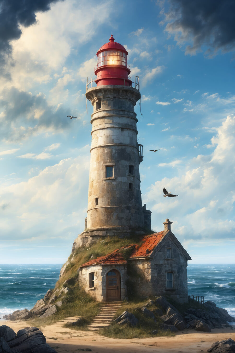 Farol sobre ondas azuis — design completo