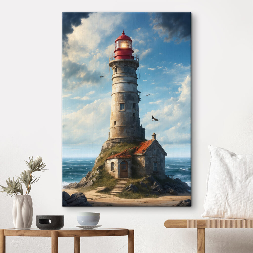 Farol sobre ondas azuis num interior
