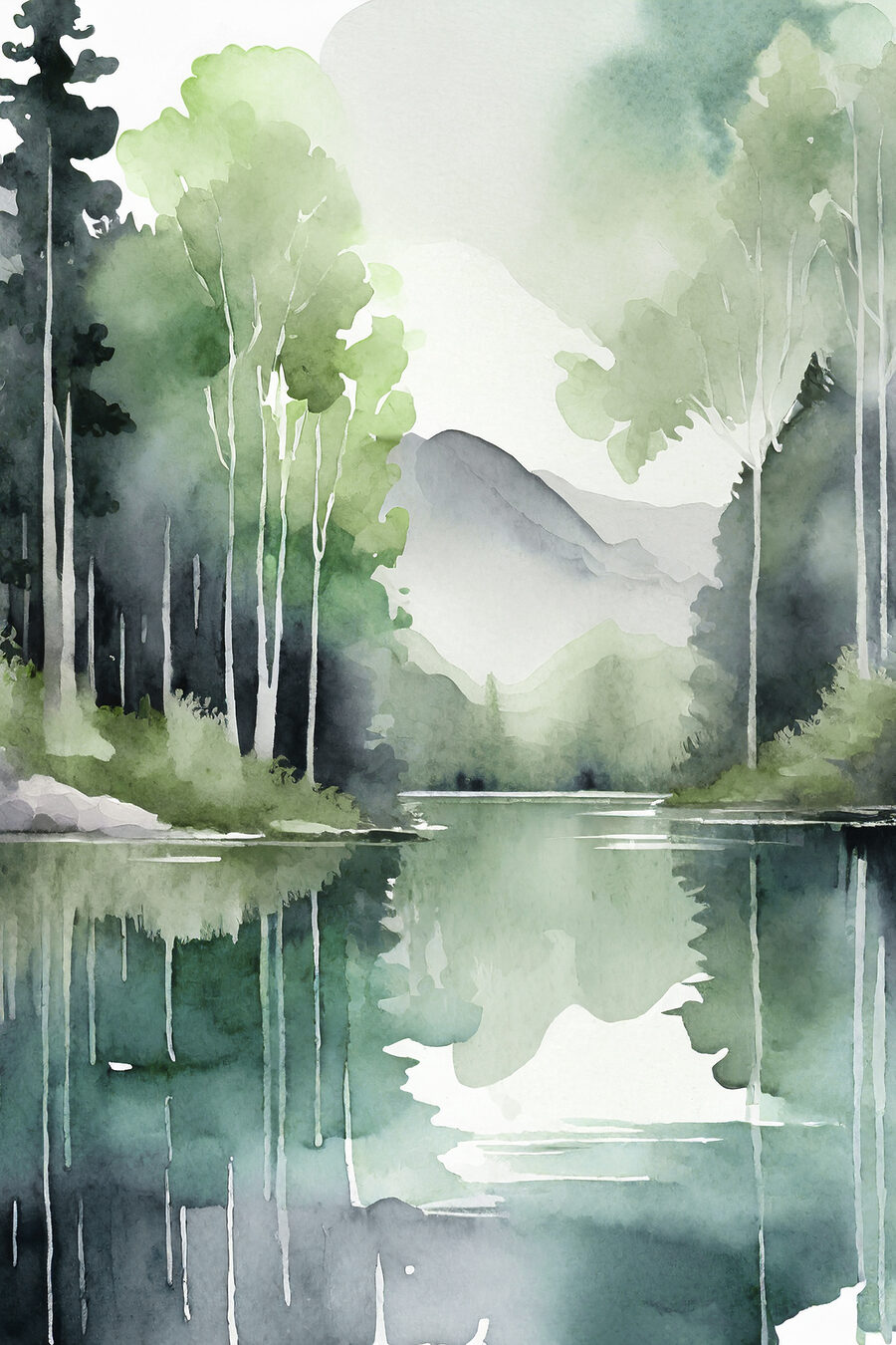 Lago espelhado entre árvores — design completo
