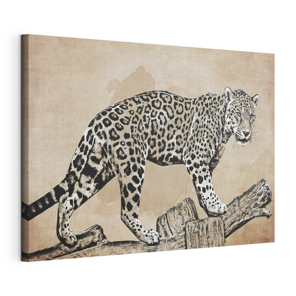 Leopardo num ramo, tela esticada e borda contínua