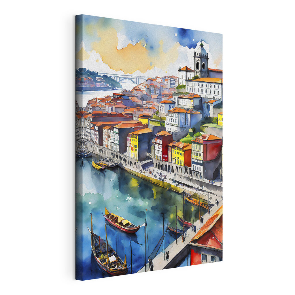 Cidade junto ao rio, tela esticada e borda contínua