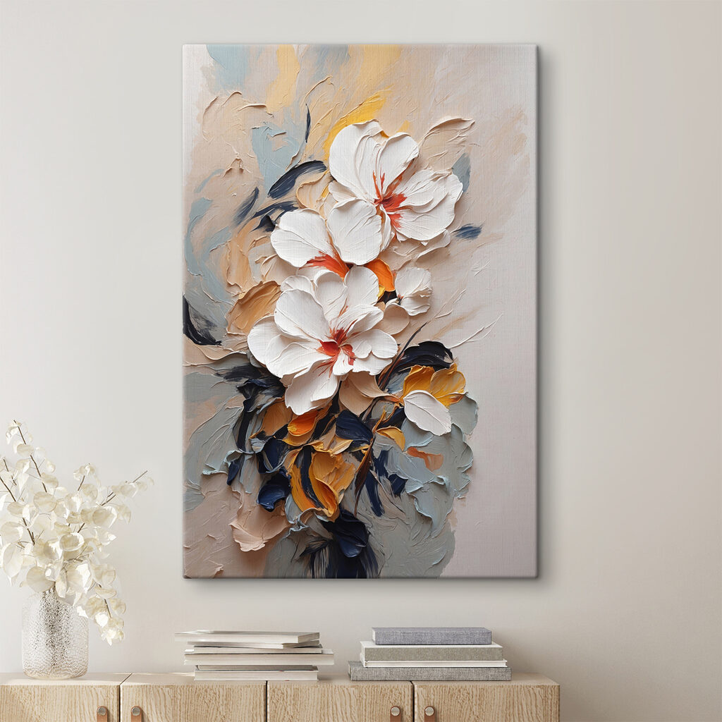 Flores brancas em laranja-ferrugem — interior 1