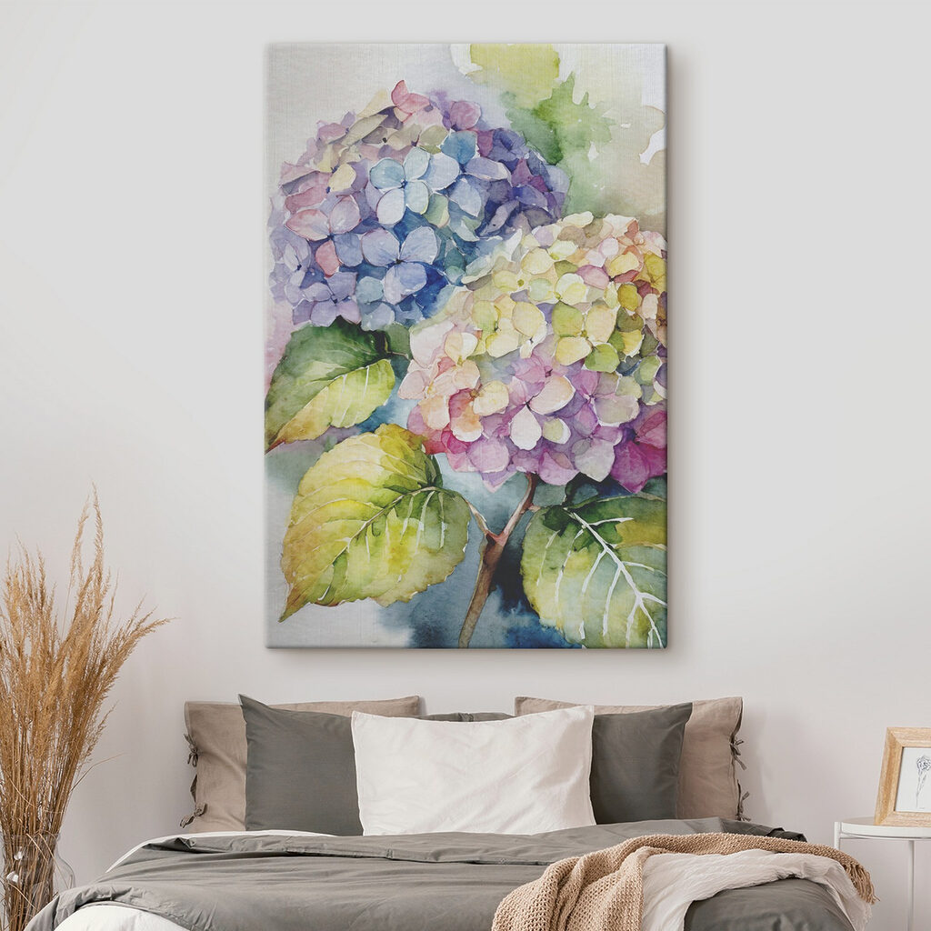 Hortênsias em aguarela leve — interior 3