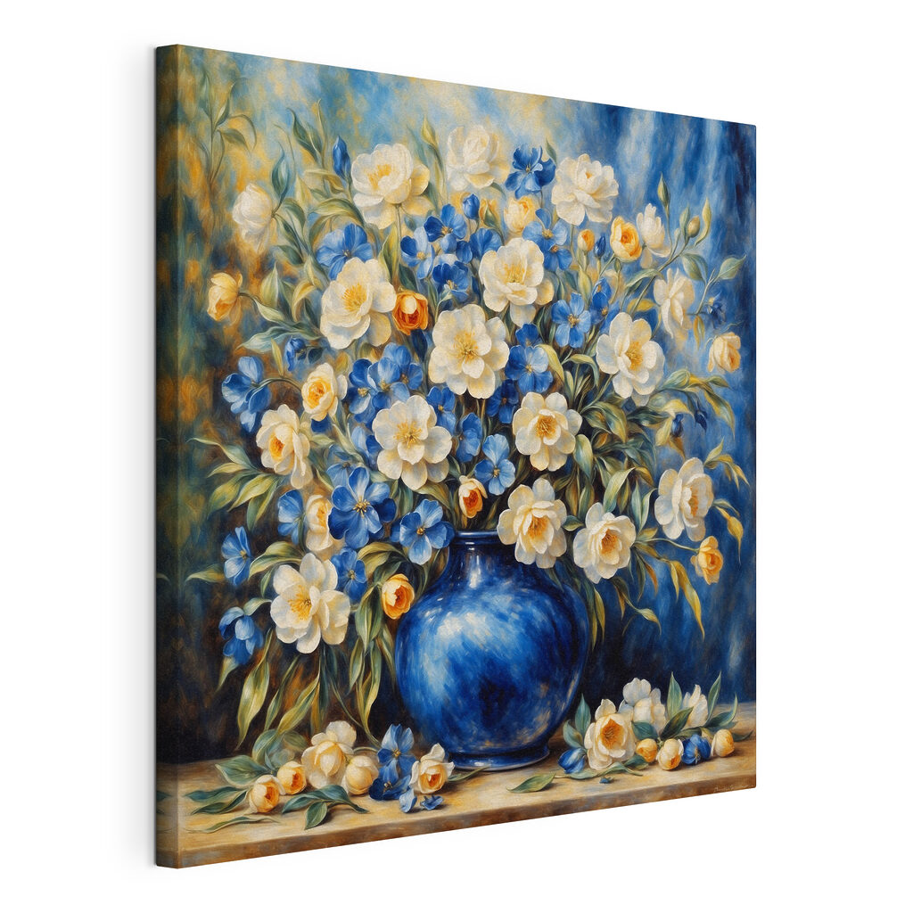 Flores num vaso azul, tela esticada e borda contínua