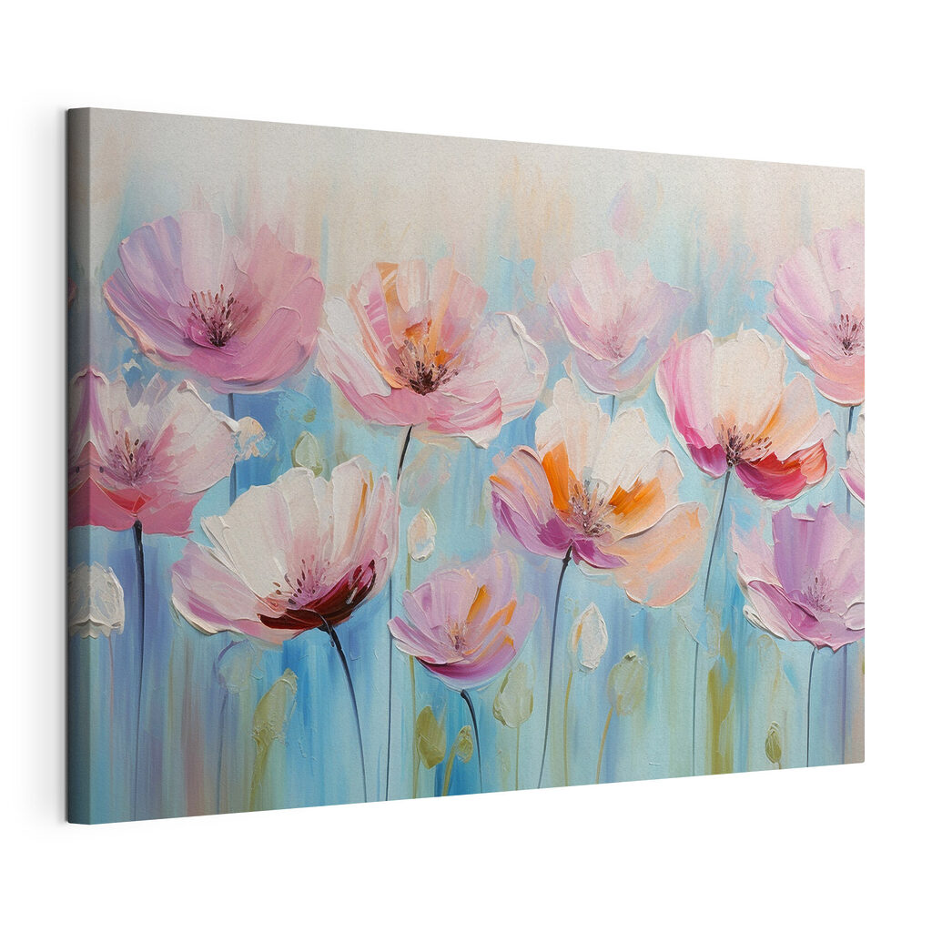 Flores cor-de-rosa sobre azul, tela esticada e borda contínua