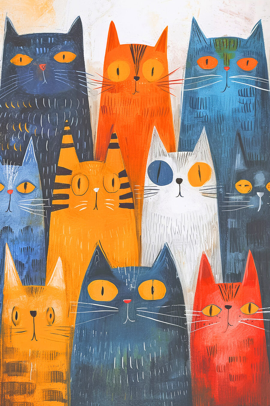 Gatos em filas coloridas — design completo