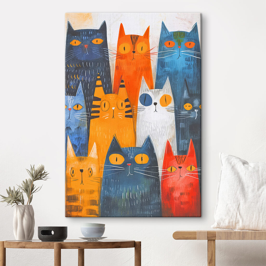 Gatos em filas coloridas num interior