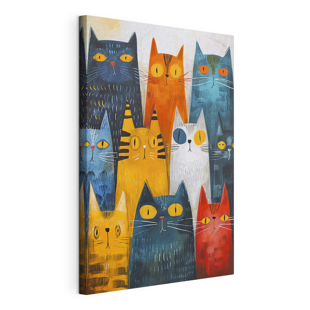 Gatos em filas coloridas, tela esticada e borda contínua