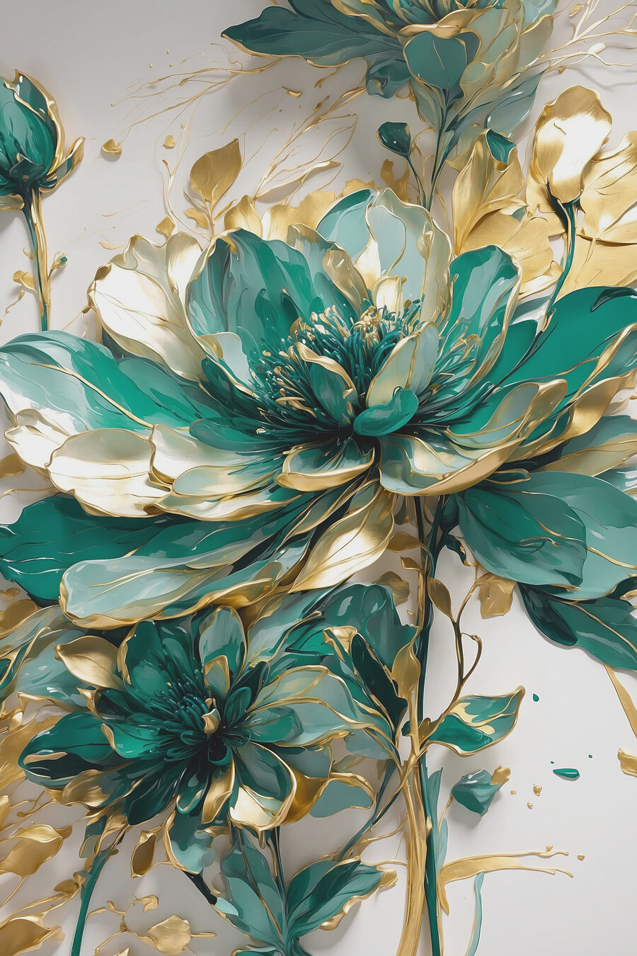 Flores verdes, ramos dourados — design completo