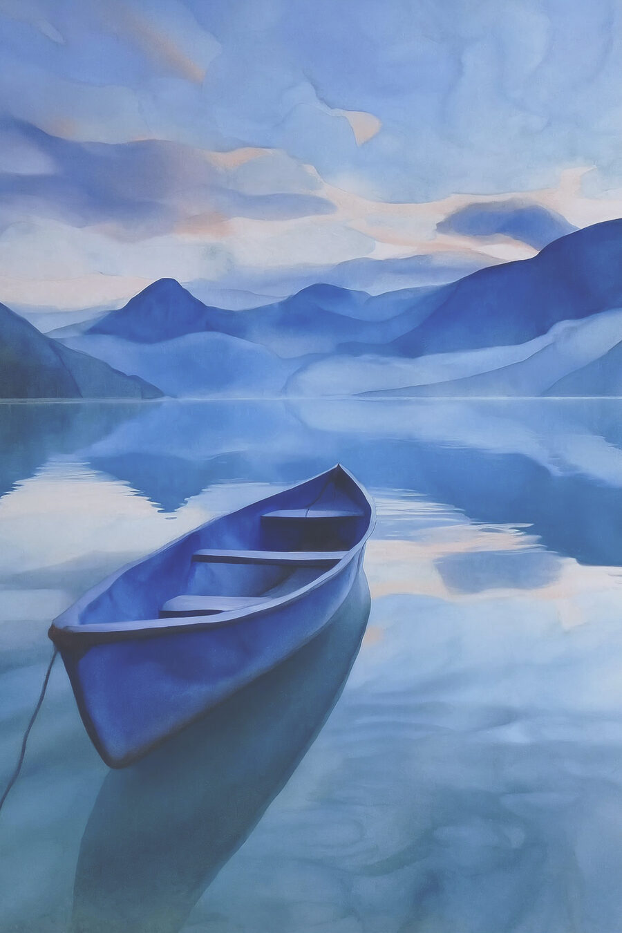 Barco entre montanhas azuis — design completo