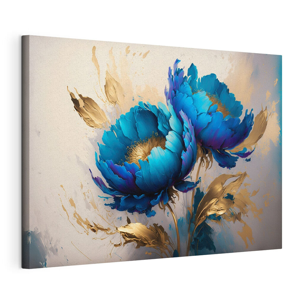 Flores em azul-cobalto, tela esticada e borda contínua