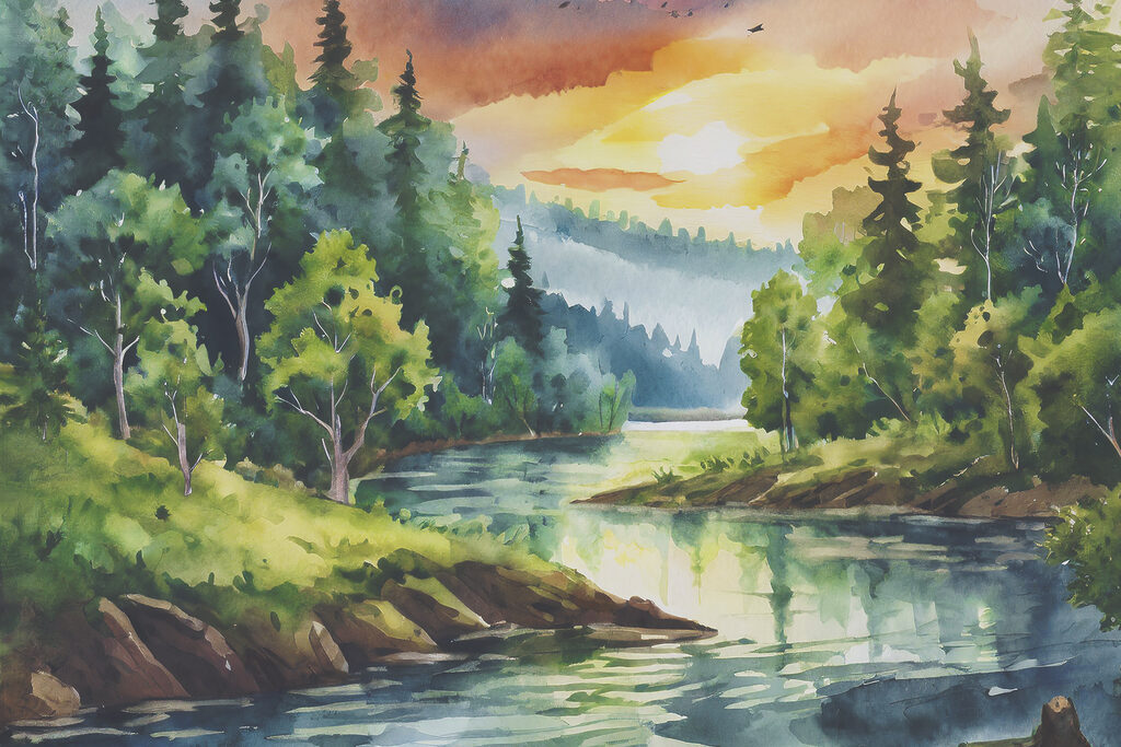 Rio ao entardecer — design completo